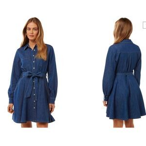Lands End Denim Dress Womens XS Blue Belted Pockets Comfy Western Core Stretchy